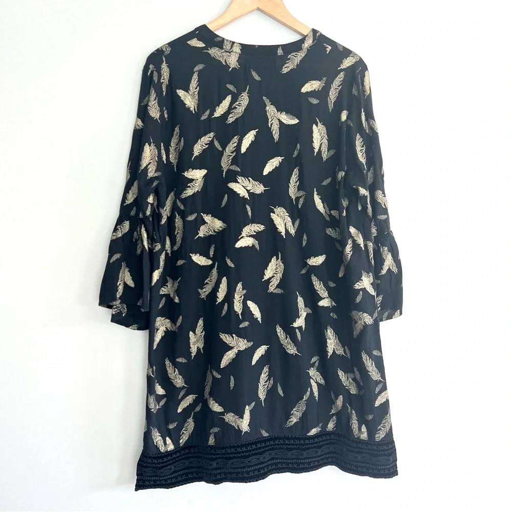 JOHNNY WAS Workshop Black Metallic Gold Feathers Embroidered Hem Mini Dress Sz L - Picture 8 of 16